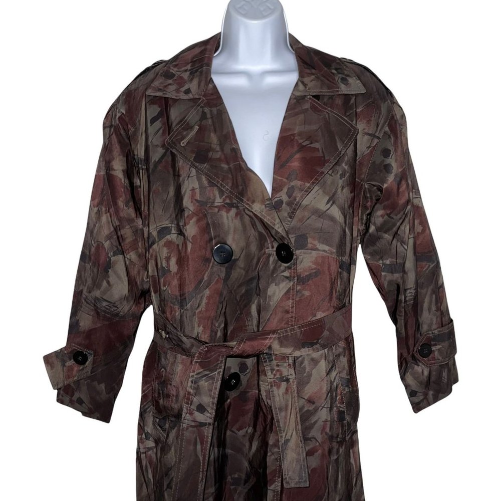 London Fog Vintage 1990's Abstract Wool Lined Long Trench Rain Coat 6 Petite - Picture 2 of 8